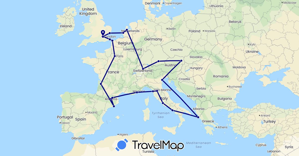 TravelMap itinerary: driving in Andorra, Austria, Switzerland, Germany, Spain, France, United Kingdom, Greece, Italy, Netherlands (Europe)